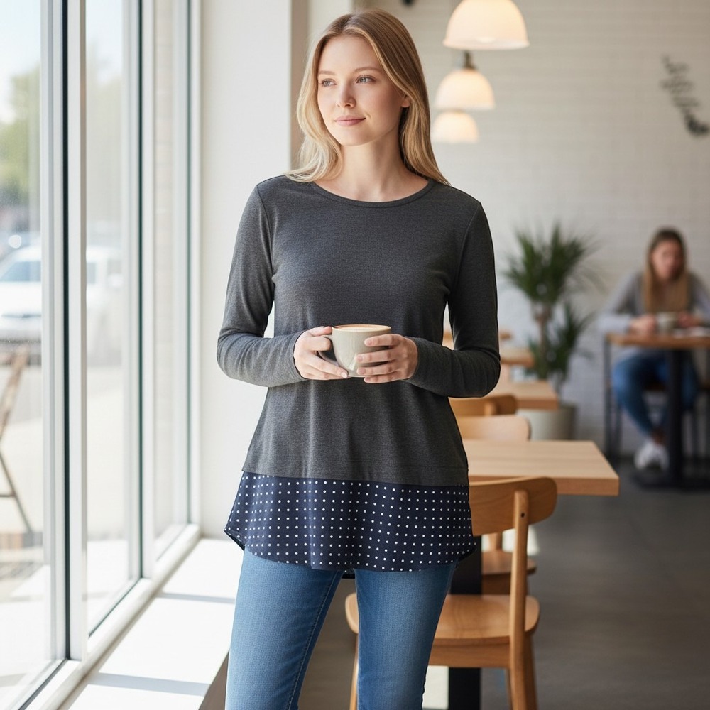 J.Crew Mercantile Women XXS Grey Mixed Media Polka Dot Layered Top J7339